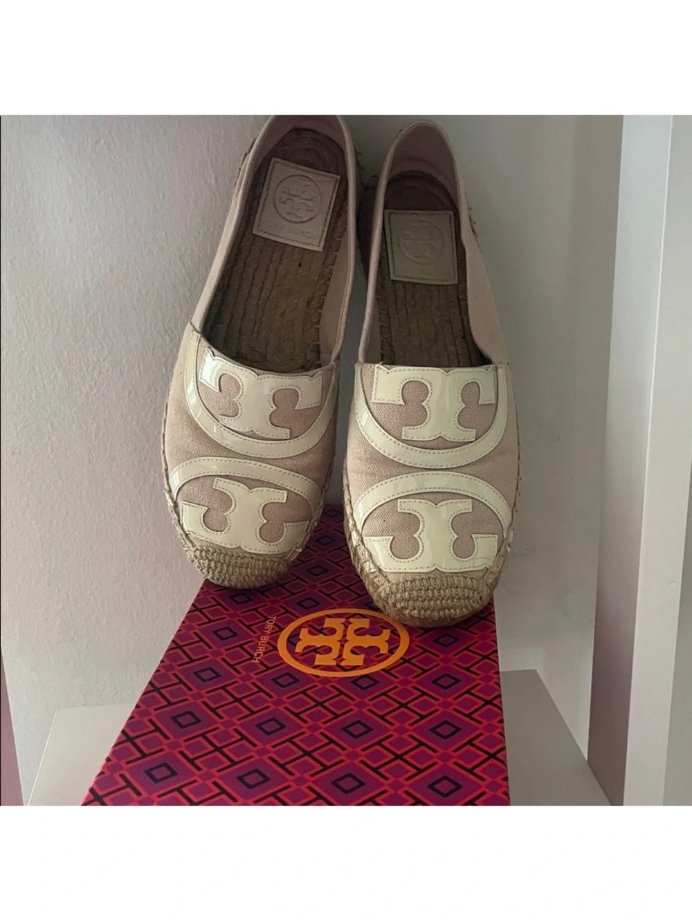 Tory Burch Blush Pink Canvas Espadrille Logo Slip-On